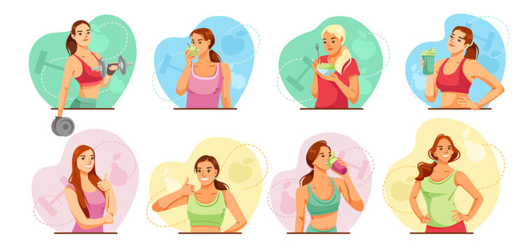 Set of women engaged in fitness, healthy eating, and drinking habits on colorful abstract backgrounds. Concept of wellness and vitality. Vector illustration