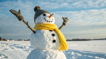 Funny snowman in knitted hat and yellow scalr with hands up on snowy field. Blue sky on background