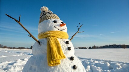 Funny snowman in knitted hat and yellow scalr with hands up on snowy field. Blue sky on background