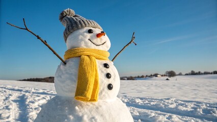 Funny snowman in knitted hat and yellow scalr with hands up on snowy field. Blue sky on background