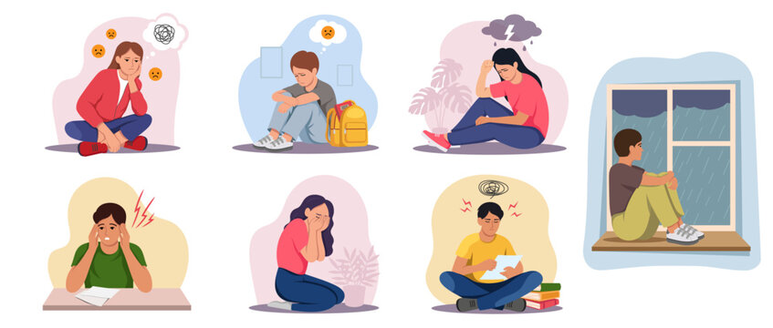 Set of sad and anxious students showing stress, depression, and emotional struggle in cartoon style on white background. Concept of mental health. Vector illustration