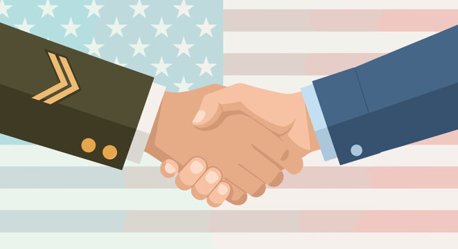 Handshake between a military and a civilian representing gratitude and unity, suitable for Veterans Day promotions and educational content