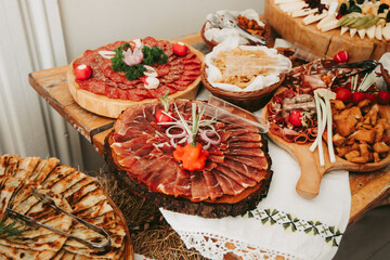 Sausages of your choice. Buffet with different types of meat. Beautifully served in traditional Romanian style.
