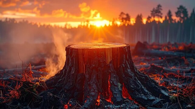 A lone tree stump, a somber emblem of deforestation and environmental impact, stands against a dramatic fiery sunset, symbolizing ecological loss and climate change