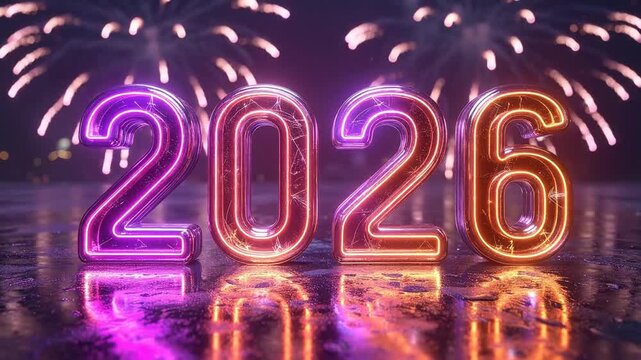 Dynamic 2026 year display with brilliant neon lighting and festive fireworks, creating a vibrant scene for new beginnings and exciting future events