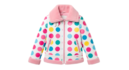 White Children's Jacket with Pink Polka Dots and Fur Trim