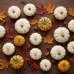 Fototapeta premium Autumn Halloween flat lay: white pumpkins, striped gourds, fall leaves.
