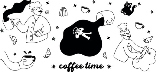Artistic doodle set inspired by Paris coffee culture &mdash; chic characters and warm coffee moments.