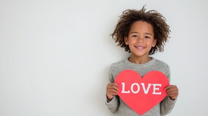 A young mixed-race boy with curly hair smiles while holding a red heart-shaped sign that says 'LOVE'. He wears a gray sweater against a plain background.