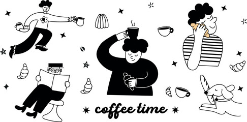 Stylish line art of coffee time &mdash; cozy scenes, cups, and croissants in minimal black and white.