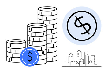 Stacked coins, dollar sign in a blue circle, and minimalistic city skyline. Ideal for finance, economy, savings, investment, urban development budgeting banking. Simple flat metaphor