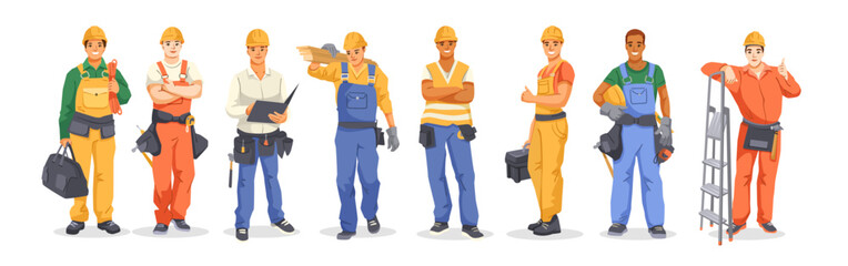 Group of male construction workers in colorful uniforms holding tools and equipment, cartoon style on white background. Concept of teamwork. Vector illustration