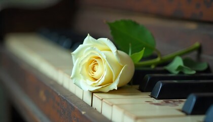 White roses on piano keys – romantic floral composition for music and elegance themes. AI generated.