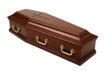 Handcrafted wooden funeral coffin with lacquer sheen and brass fixtures, top perspective, dignified memorial and mourning theme on white background