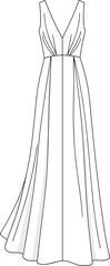 Long sleeveless dress sketch, deep V-neckline, technical fashion illustration, flowing pleated skirt, garment template, line art, apparel design