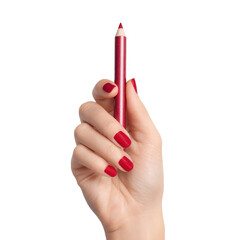A Touch of Crimson: A slender, manicured hand delicately cradles a vibrant red pencil, symbolizing beauty, artistry, and precision.