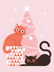 Christmas and New Year Greeting Card with Cats