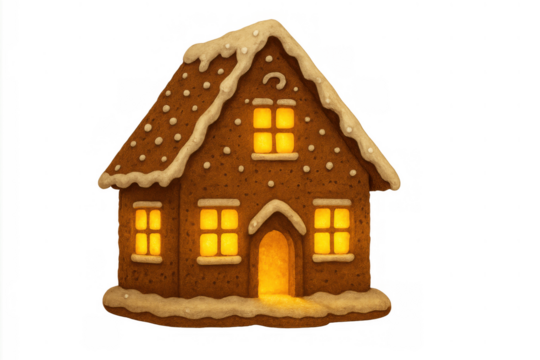 Gingerbread house showing glowing windows and door, festive christmas cookie for holiday season, transparent background