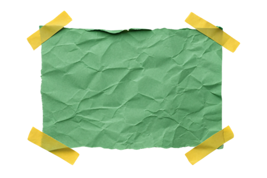 Crumpled green paper with yellow tape on all four corners, wrinkled surface, torn edges visible, isolated on a transparent background - Powered by Adobe