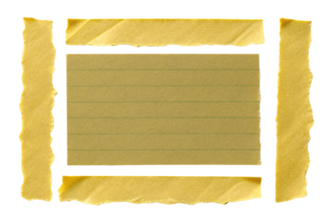 Yellow masking tape framing lined index card, horizontal ruled lines, torn paper edges on sides, isolated on a transparent background