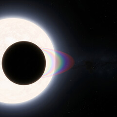 Fototapeta premium dark exoplanet transits a bright white star, with starlight refracting through its atmosphere, creating a distinct rainbow spectral dispersion. Exoplanet spectroscopy concept.