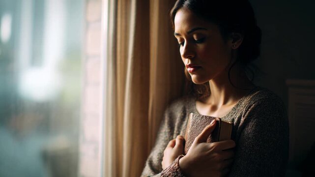 Young believing woman clutching the Bible to her chest in prayer and faith