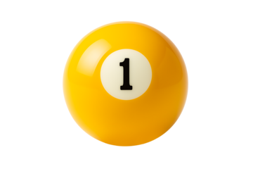 Perfectly isolated yellow billiard or pool ball with the number 1, shown on a clean white background, symbolizing a start, being first, or a winning concept