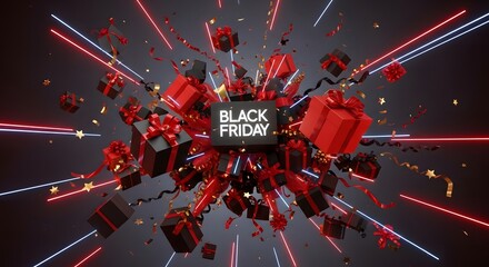 Black friday sale promotion with gift box and neon light on dark background for shop