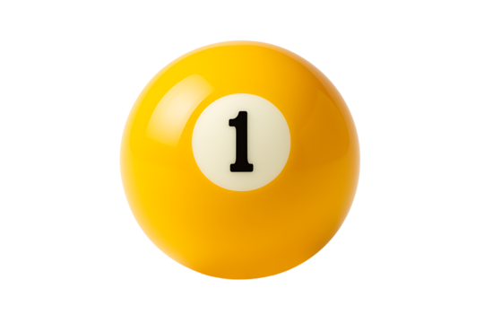 Perfectly isolated yellow billiard or pool ball with the number 1, shown on a clean white background, symbolizing a start, being first, or a winning concept