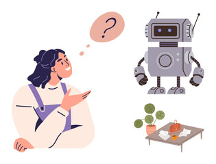 Woman thinking with question mark bubble, robot with antenna, modern table with houseplant, papers, and handbag. Ideal for AI, technology, curiosity, learning innovation communication future