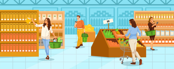 Shoppers selecting groceries in a supermarket with shelves and produce section on a clean indoor background. Concept of daily food shopping. Vector illustration
