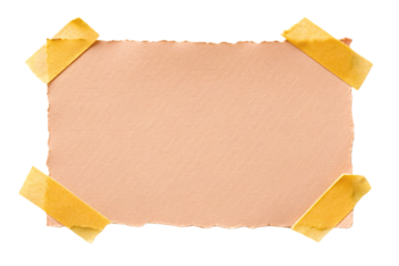 Peach colored paper with rough torn edges held by yellow masking tape corners, isolated on a transparent background