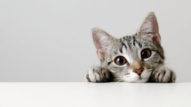 Cute cat peeking over white table, copy space on gray