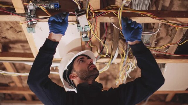 Electrician installing electrical wiring in ceiling structure of building. Professional technician working on power cables, home renovation and construction service, interior infrastructure setup, ski - Powered by Adobe
