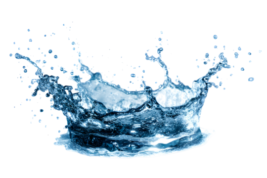 Dynamic splash of transparent water with droplets on black background