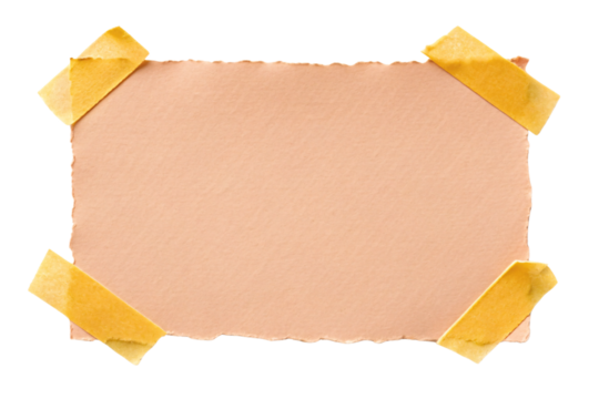 Peach colored paper with rough torn edges held by yellow masking tape corners, isolated on a transparent background