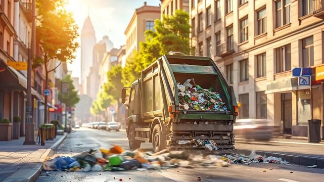 A heavily loaded waste disposal truck spilling refuse onto a sunlit city street, vividly depicting the challenges of urban sanitation and environmental impact
