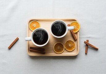 Two steaming cups of coffee with cinnamon sticks and dried orange slices on a wooden tray