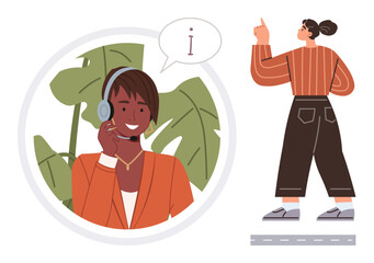 Customer service representative with headset answering calls in green setting. Nearby, a person points for direction. Ideal for communication, assistance, helpdesk, customer support, queries