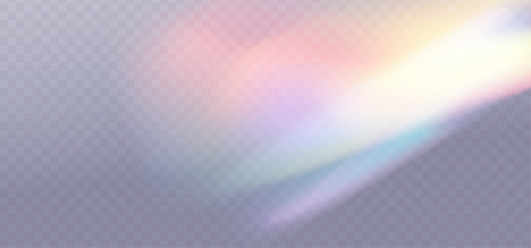 Crystal glass prism set with holographic reflections and rainbow flare effect on transparent background.