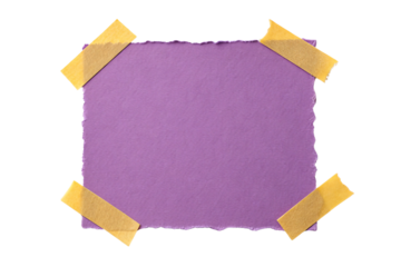 Purple square torn paper secured with four yellow tape pieces at corners, diagonal tape placement creates dynamic visual effect.
