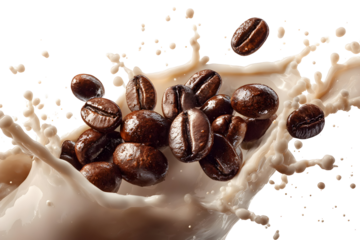 Coffee beans splashing in milk: energetic blend and refreshing burst