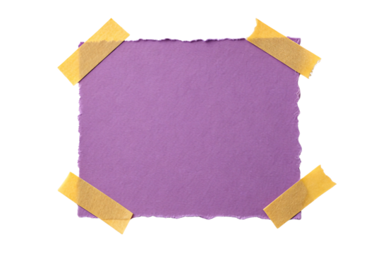 Purple square torn paper secured with four yellow tape pieces at corners, diagonal tape placement creates dynamic visual effect. - Powered by Adobe