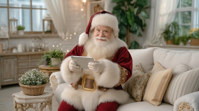Modern Santa Claus using tablet to control smart home lighting in cozy futuristic living room with white and gold tones, warm ambient glow, concept of tech holiday comfort and innovation.