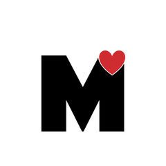 Letter M logo, English alphabet with heart shape overlapping