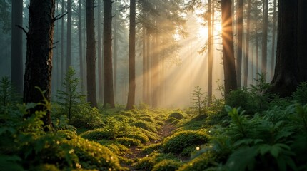 Obraz premium Scenic forest landscape with morning sunlight breaking through tall trees and mist, creating a magical natural atmosphere