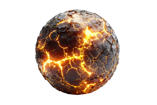 Glowing lava sphere with cracked surface and fiery veins against black background