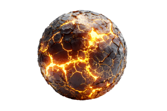 Glowing lava sphere with cracked surface and fiery veins against black background