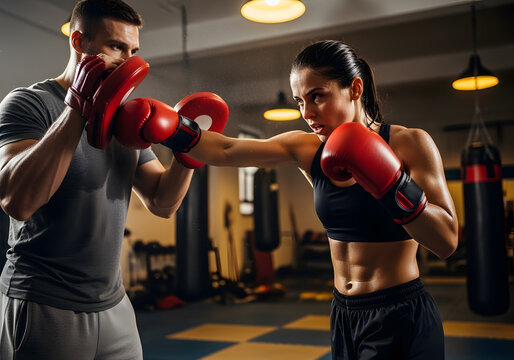Female athlete practicing boxing punches with focus mitts held by her coach in a dimly lit gym, showcasing strength, skill, and determination