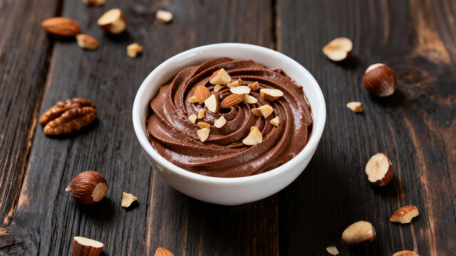 Delicious chocolate mousse dessert with almonds and hazelnuts on a dark wooden table